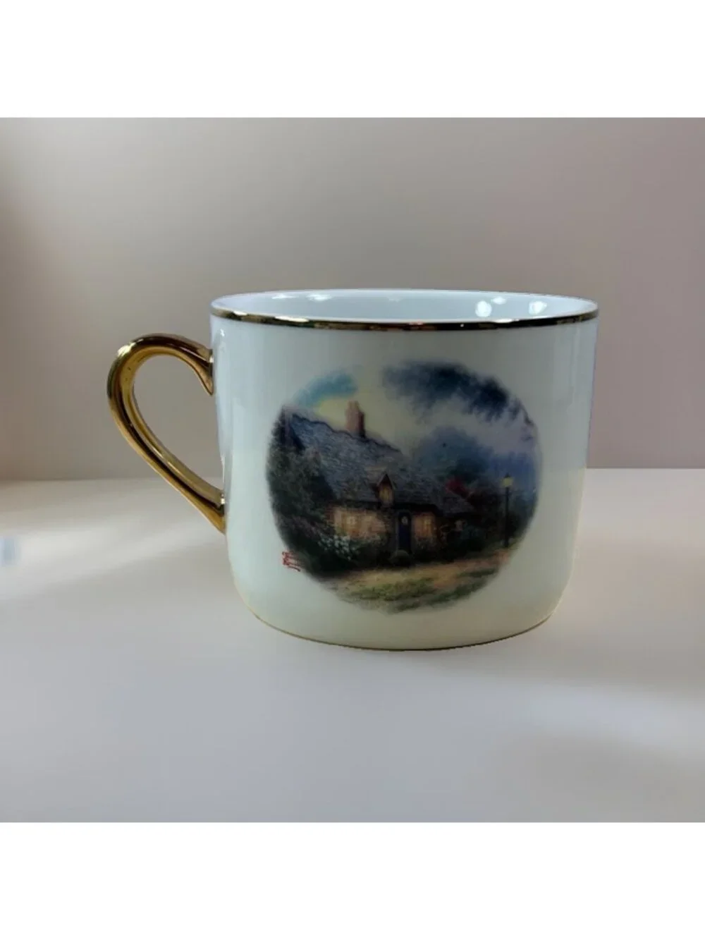 Thomas Kinkade Moonlight Cottage Coffee Mug Cup W/Gold Trim 3
